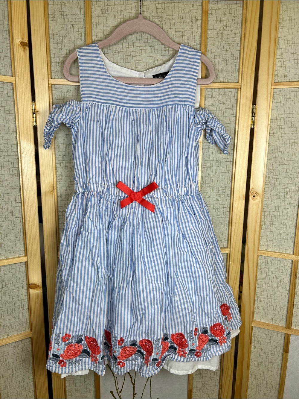 Cynthia Rowley Girls off shoulder Blue Stripe Dress with Red Floral Embroidery